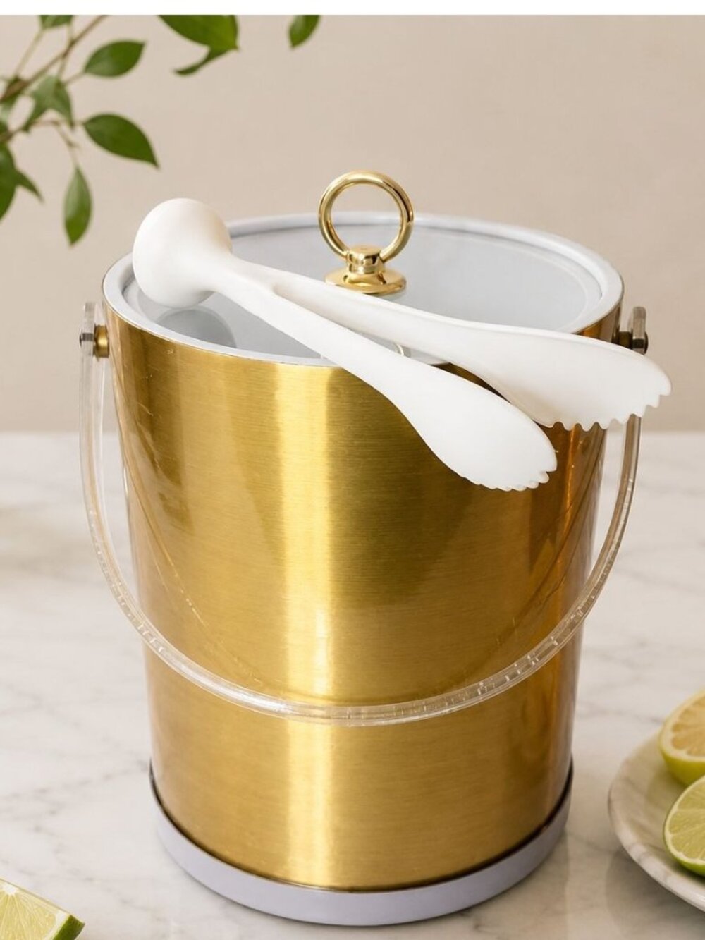 Vintage Culver Gold Ice Bucket Lucite Handle White Tongs Mid Century Barware